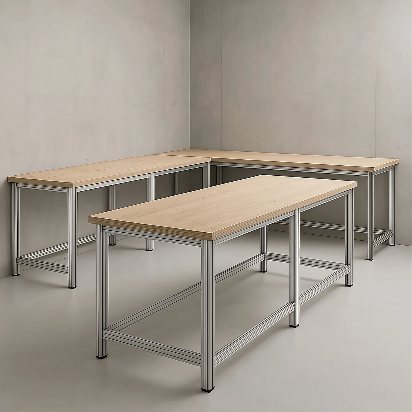 Modularer Arbeitstisch aus 30x30 Aluprofilen, geeignet für mittlere bis schwere Belastunge