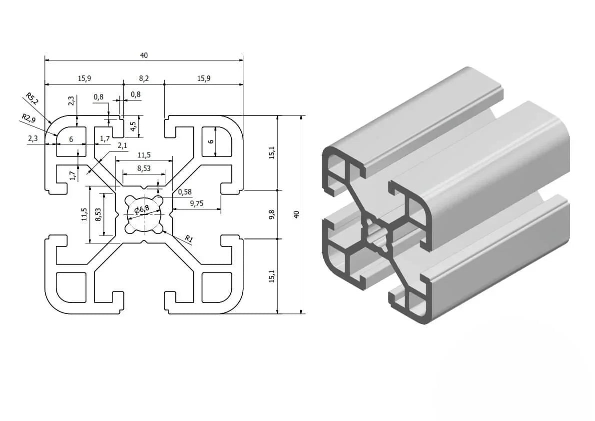 Aluminiumprofil 4040 nut 8mm Typ I zeichnung