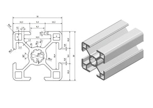 Technische Zeichnung 30x30 für Aluminiumprofile mit Nut 8, Montageprofil 3030 Nut 8 typ B