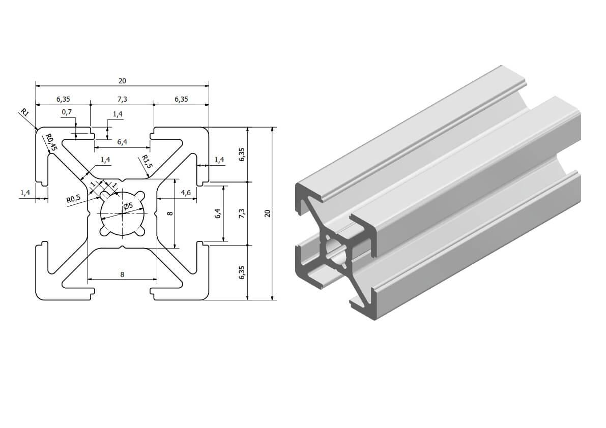 Technische Zeichnung für Aluminiumprofil 20x20 mm Außenmaß Aluminiumprofil Nutprofile
