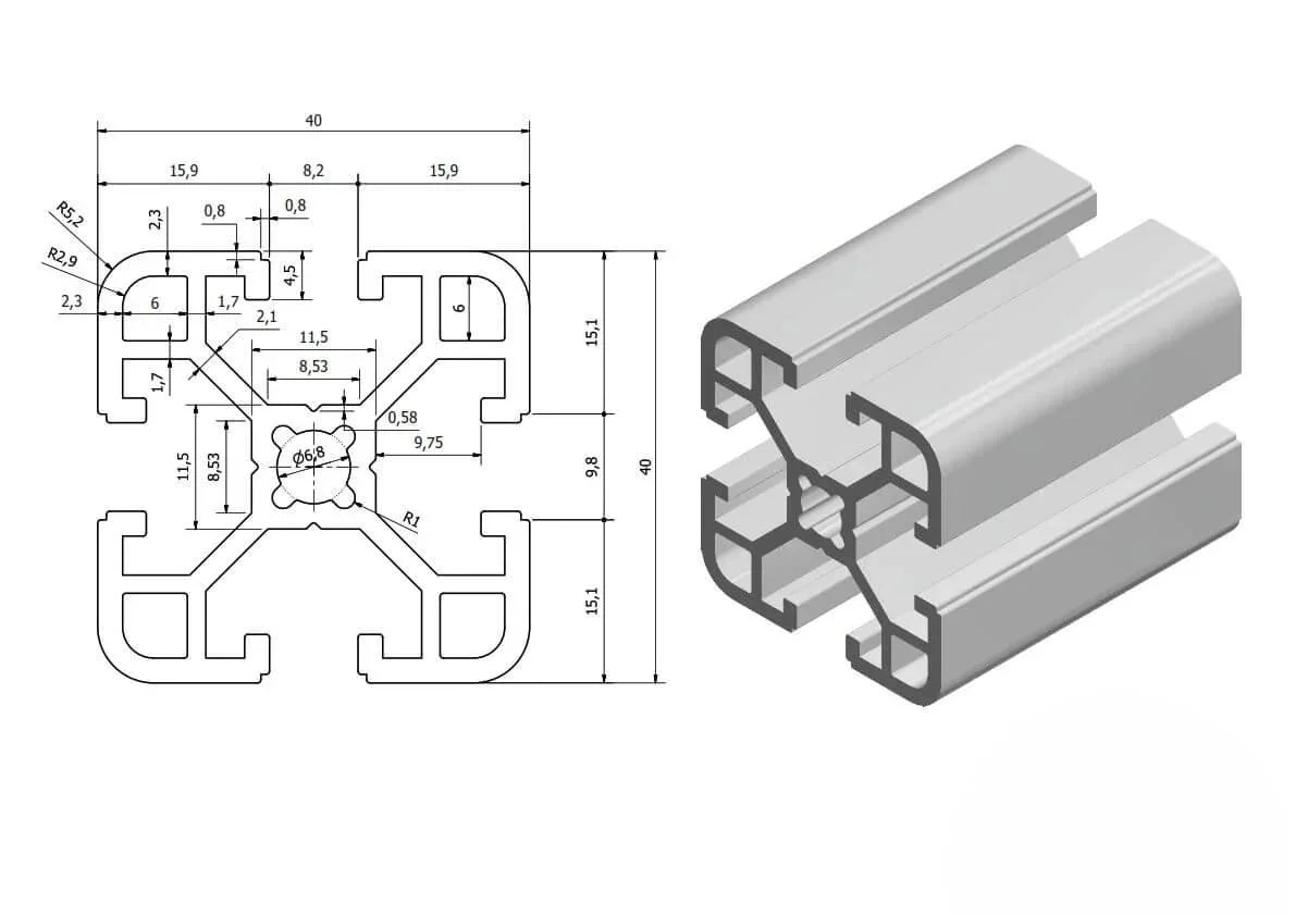 Technisches Datenblat für Konstruktionsprofil 40x40mm